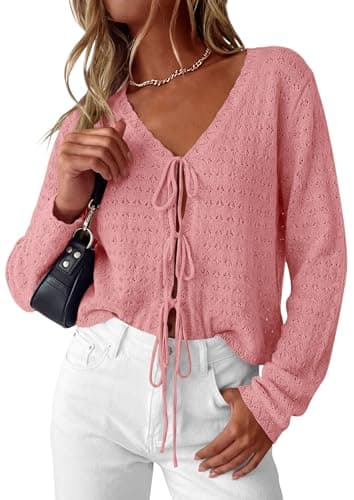 PRETTYGARDEN Womens Tie Front Cardigan Summer 2026 Long Sleeve Crochet Sweaters Cardigan Boho Cover Up Beach Vacation Clothes(Pink,Large) - Image 1