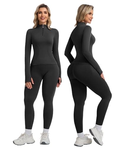 YOAKUKA Womens 2 Piece Workout Sets Quarter Zip Pullover High Waist Butt Lifting Leggings Seamless Yoga Outfits Gym Sets - Image 1