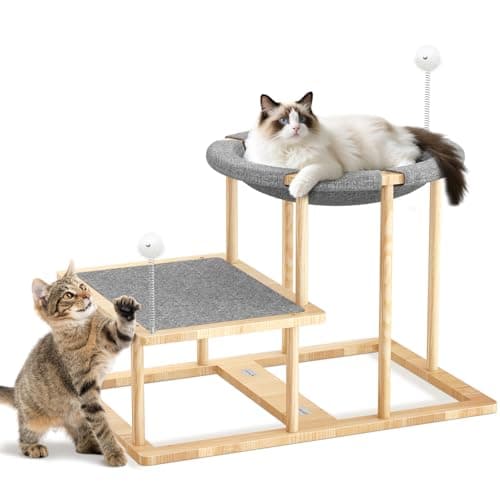 Pawaboo Elevated Cat Hammock Bed, 2-Tier Cats Bed with 2 Teasers, Wooden Cats Furniture with Kitten Scratching Mat,Double Cat Beds Interactive Stair Shaped Pet Hammock for Indoor Kitties Climbing - Image 1