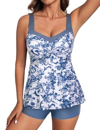 Hanna Nikole Womens Vacation Outfits 2025, Push Up Tankini Sets with Shorts, Flowy Loose Fit Beachwear White Base Blue Floral L - Image 1