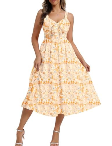 Belle Poque Summer Dresses for Women 2026 Tie Front Dress Beach Wedding Guest Dress Floral Sundress with Pockets (Yellow.L) - Image 1