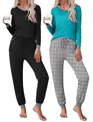 Frcdaunrs Long Sleeve Pajamas for Women Fall Pjs Ladies Cute Pajamas Cozy Loungewear Set Matching Blue Polka Dots Pants Black - Image 1