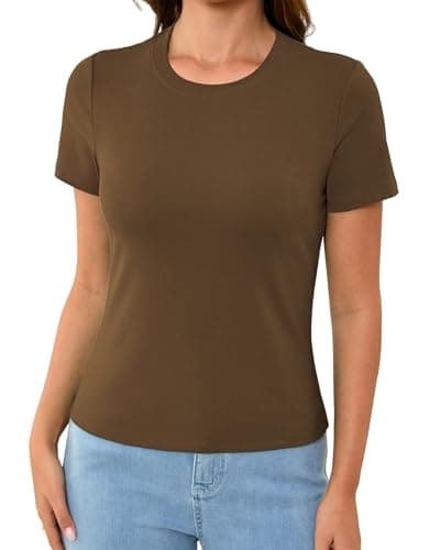Abardsion Cotton Basic Tees for Women Spring Outfits Tops 2026 Short Sleeve Crewneck Slim Fit T Shirts (Brown, XL) - Image 1