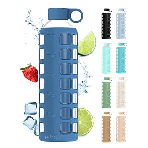 purifyou 40oz / 32oz / 22oz / 12oz Borosilicate Glass Water Bottle with Time & Volume Markers, Silicone Sleeve, Stainless Steel Lid – Reusable Glass Bottle for Water & Juice (32oz Chinese Porcelain) - Image 1