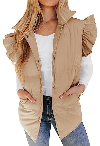 Valphsio Women's Puffer Vests Ruffle Sleeve Winter Button Down Padded Gilet with Pockets - Image 1