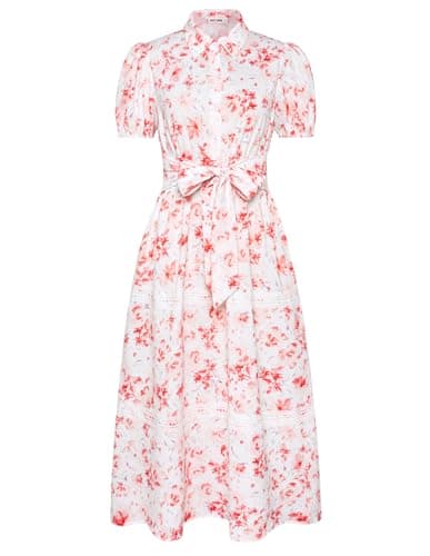 GRACE KARIN Women's 2026 Summer Floral Flowy Dresses Boho Tie Belt Short Puff Sleeve A Line Maxi Shirt Dress with Pocket White Pink Medium - Image 1