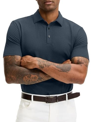 JEMLDL Men's Polo Shirts Super Stretch Casual Jacquard Collared Short Sleeve Golf Polo Shirts for Men Navy Blue L - Image 1