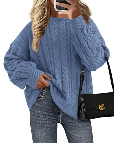 KIRUNDO Oversized Chunky Cable Knit Sweater Women 2026 Fall Fashion Cozy Long Sleeve Crewneck Pullover Winter Clothing(Blue, Small) - Image 1