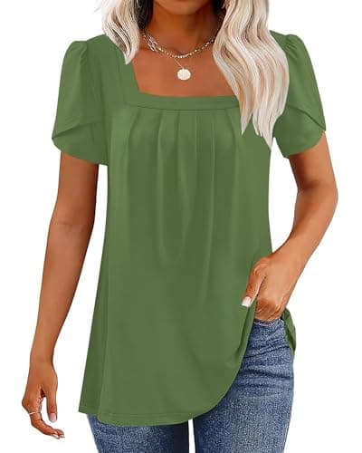 WNEEDU Blouses for Women Dressy Casual Petal Short Sleeve Summer Tops for Women 2025 Trendy Pleated T Shirts Army Green,L - Image 1