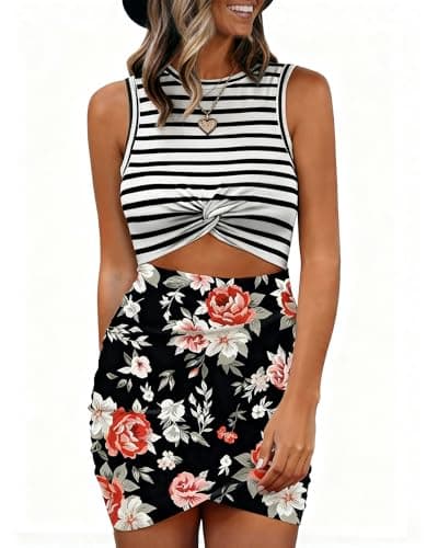 BTFBM Women 2026 Summer Dresses Sleeveless Casual Crewneck Bodycon Cutout Twist Slim Wrap Club Party Beach Mini Dress(Stripe and Floral Black, XX-Large) - Image 1