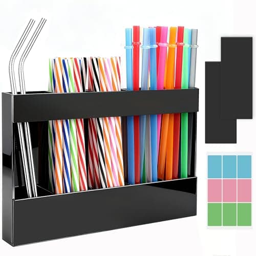 Seaflash Acrylic Straw Holder, Straw Organizer Dispenser with Two Pieces Rubber Magnet Sheets, Drinking Straw Storage Holder for Cabinet Door Fridge Counter Kitchen Office (Black) - Image 1