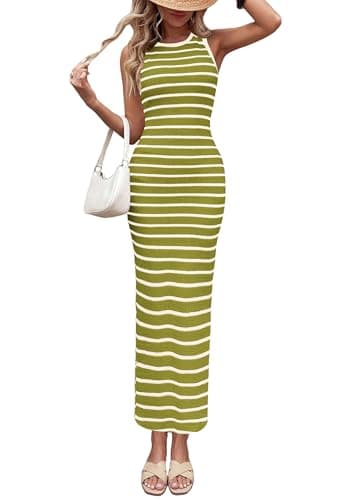 PRETTYGARDEN Sundresses for Women 2026 Summer Striped Knit Side Slit Spring Fashion Bodycon Maxi Dress Beach Vacation Clothes (Green,X-Large) - Image 1
