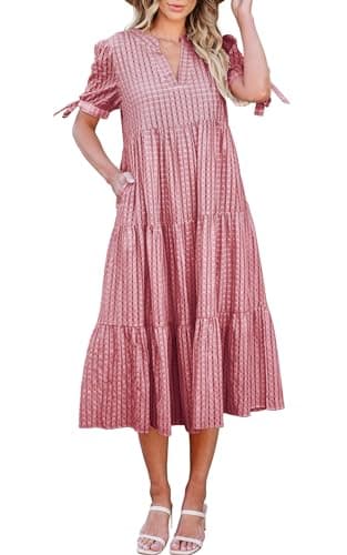 ECOWISH Women Summer Casual Dress - V Neck Short Sleeve Gingham Midi Pleated Tiered Loose Fit Holiday Picnic Dresses Red Large - Image 1