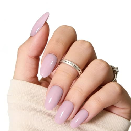 Pink Press On Nails Almond, Medium Nails Press Ons With Nail Glue,30-Piece-15 Sizes Durable Reusable Glue On Nails for Women Gift(pinkish purple) - Image 1