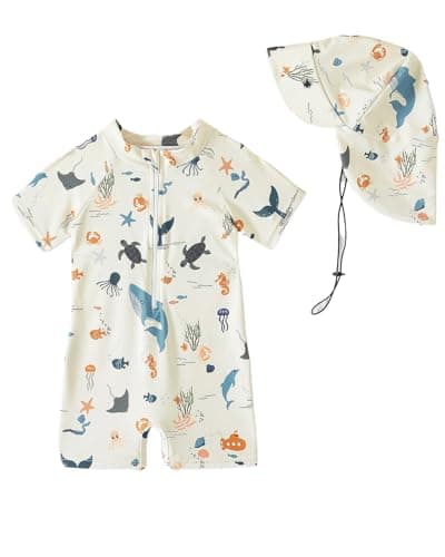 DivingBirds Baby Swimsuit One Piece Toddler Swimwear UV Sunsafe Baby Girls' Boys' Swimwear Rashgard Swim Suit, Beige Oceam Print 1-2 Years - Image 1