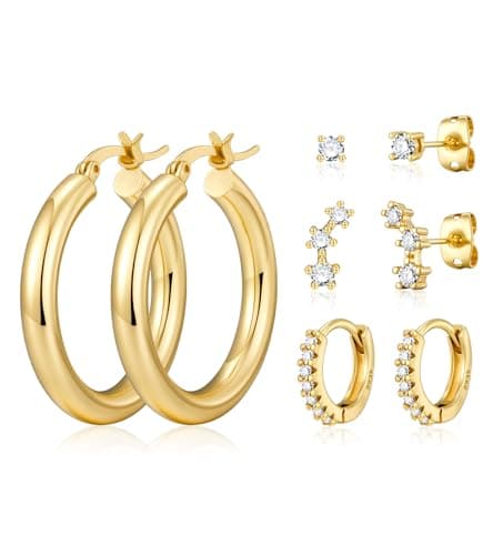 wowshow 4 Pairs Gold Hoop Earrings for Women Chunky Gold Hoops 14K Gold Plated Earring Stack Sets for Multiple Piercing Jewelry Gifts for Mother's Day Birthday - Image 1