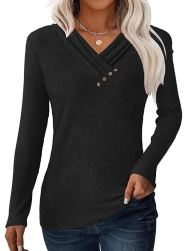 GKBK Women Long Sleeve Tunic Tops for Leggings V Neck Button Down Loose T Shirts 2026 Fall Winter Dressy Business Casual Blouse Pullover Sweatshirt Work Cute Fashion Sweater Outfit Clothes Black XL - Image 1