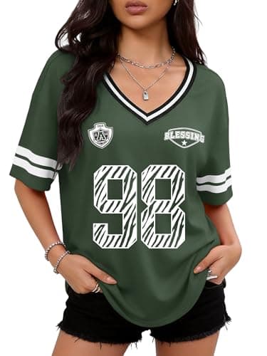 TAKEYAL Football Jersey for Women Oversized Graphic Tees V Neck Tshirts Y2K Black Tops Summer Clothes X-Large Green - Image 1