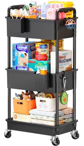 SUNALLY Baby Diaper Caddy Cart, 3 Tier Rolling Diaper Cart with Lockable Wheels for Nursery Essentials, Large Capacity & Easy Assemble Diaper Storage Organizer for Newborn,New Mom, Black - Image 1