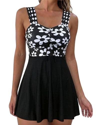 Hilor Tankini Swimsuits for Women Modest Swimwear Vintage Swim Dress Slimming Two Piece Bathing Suits Tankini Sets Black&White Floral US14-16 - Image 1