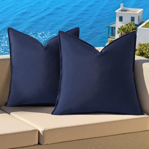decorUhome Waterproof Faux Linen Outdoor Throw Pillow Covers 18x18 Inch Set of 2 Decorative Natural Farmhouse Pillow Cases with Flange Edges for Summer Couch Garden Patio Balcony Porch, Navy Blue - Image 1