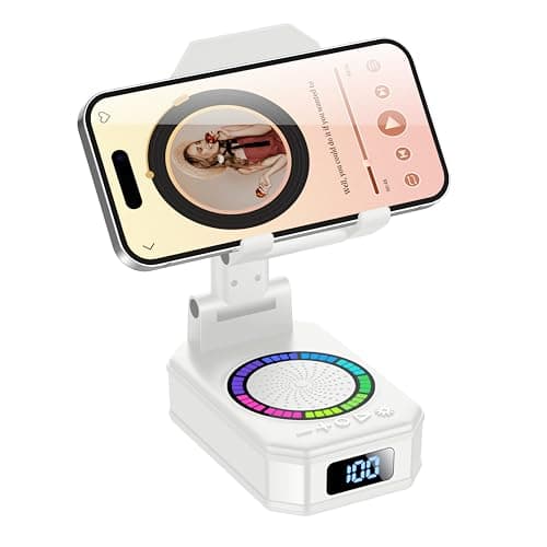 buwy Gifts for Men Women, Cell Phone Stand with Wireless Bluetooth Speaker and Colorful LED Lights, Anti-Slip Base HD Surround Sound, Rechargeable (3000mAh), Home and Outdoors Bluetooth Speaker White - Image 1
