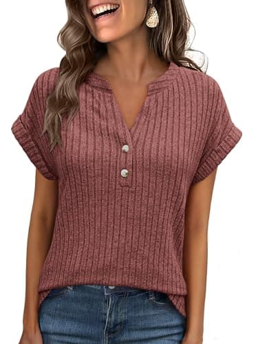 ANRABESS Womens Short Sleeve Henley Shirts V Neck Summer Sweaters 2026 Spring Business Tunic Tops Dressy Casual Work Blouses Rust Orange X-Large - Image 1