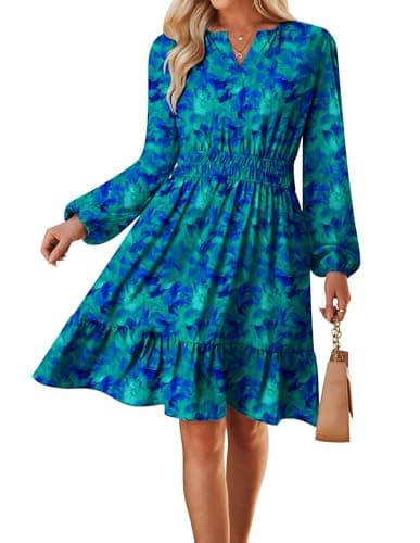 Spring Dresses for Women 2026,Casual Long Sleeve Floral Mini Dress,Green Blue Wedding Guest Dress S - Image 1