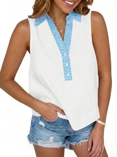 Tankaneo Womens V Neck Cropped Tank Tops Summer Dressy Casual Loose Fit Sleeveless Shirts Button Up Color Block Tees White - Image 1