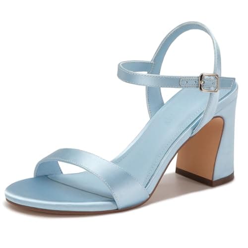 XMWEALTHY Women's Blue High Heels Chunky Block Heeled Sandals Open Toe Ankle Strap Summer Dress 3-Inch Wedding Heels for Graduation Prom Size 11 - Image 1