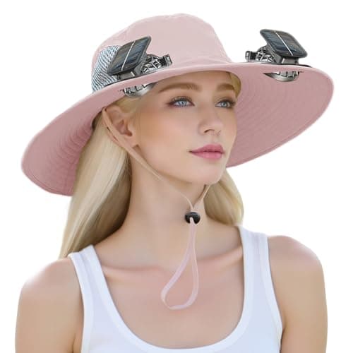 BUFAZO Women's Wide-Brimmed Sun Hat, 2-Solar Fan Waterproof Breathable Bucket Hat, Outdoor Fishing Hat, Hiking and Camping (Pink) - Image 1