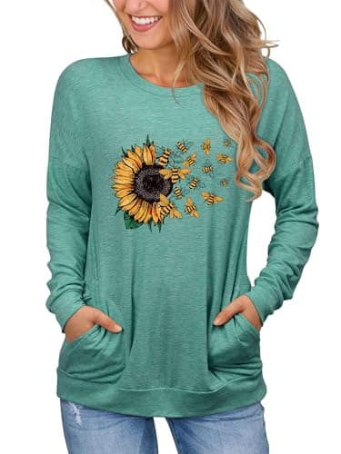Dresswel Floral Graphic Sweatshirts for Women Long Sleeve Tops with Pockets Casual Loose Pullover Fall Fashion Clothes, Lake Green XL - Image 1
