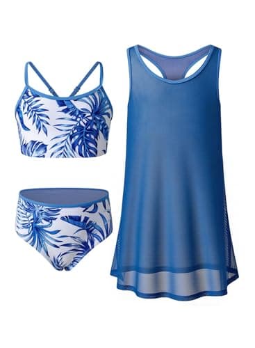 blibean Tween Girls Swimsuit Teen 3 Piece Bathing Suit with Cover Up Big Kids Cute Bikini Set Mesh Tankini Top Summer Boho Hawaii Swimwear Beach Traje Baño Niñas Size 14 15 16 Year Old Dark Blue - Image 1