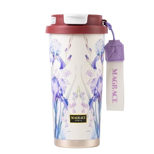 MAGRACE Coffee Travel Mug - Leakproof Coffee Cup with Flip Lid & Straw, Vacuum Insulated for Hot & Cold Drinks To Go, Fashion Floral Print - Image 1