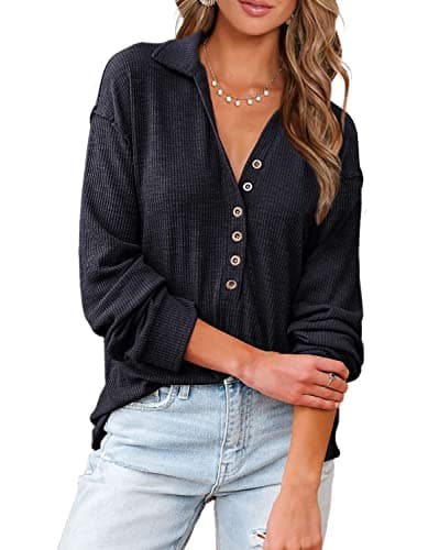 BTFBM Women Casual Button Down Fall Blouses 2025 Long Sleeve Solid Business Work Tops Cute Relaxed Fit Shirts(Solid Navy, Medium) - Image 1