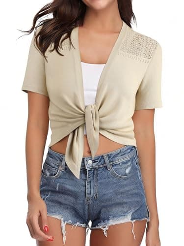 Shrugs for Women Tie Front Cardigan Bolero Crochet Cardigans Apricot Summer Solid Shrug Cover Up Boho Lightweight Crop Tops Work Casual Shirt Size M - Image 1
