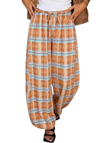 Tankaneo Womens Checkered Pants Baggy Balloon Plaid Harem Pants Casual Drawstring Wide Leg Trousers with Pockets Orange - Image 1