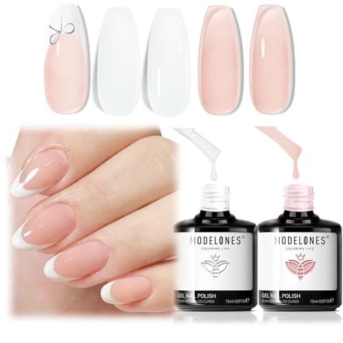 modelones French Tip Gel Nail Polish Set 2 Pcs 15ml Milk White and Nude Pink French Manicure Kit Jelly Nude Soak Off UV Natural Base Color Gel Polish Nail Art Home DIY Gift for Women - Image 1