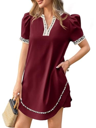 Wenrine Womens Puff Short Sleeve Mini Dress Casual V Neck Color Block Leopard Loose Beach Summer Dresses with Pockets - Image 1
