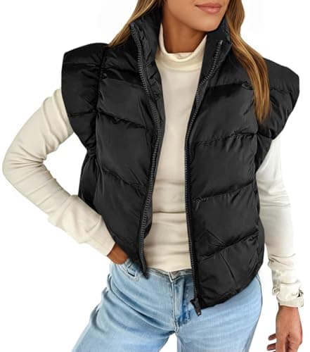 Tankaneo Womens Cropped Puffer Vest Cap Sleeve Zip Up Puffy Qulited Jacket Stand Collar Padded Gilet Coat Winter Outerwear - Image 1