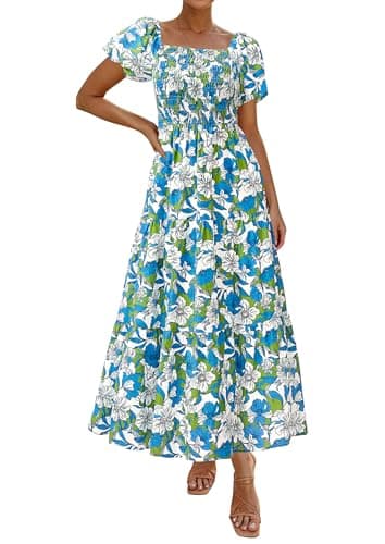 PRETTYGARDEN Womens Summer Puff Short Sleeve Maxi Dress Square Neck Smocked Tiered Ruffle A Line Long Flowy Beach Dresses (Floral Blue Green,Large) - Image 1