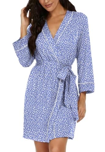PrinStory Womens Robe Knee Length Knit Bathrobe Lightweight Soft Ladies Robes FP-Spot Blue-S - Image 1