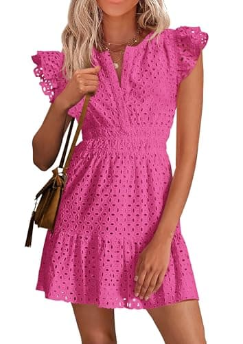 PRETTYGARDEN Women's 2026 Summer Sundresses Eyelet Cap Sleeve V Neck Short Boho Wedding Guest Dress Beach Vacation Clothes (Rose Red,XX-Large) - Image 1