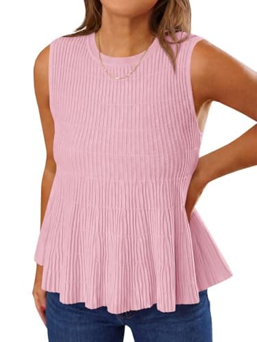 Saodimallsu Womens Peplum Ribbed Tank Tops Cute Sleeveless Knit Ruffle Crew Neck 2026 Summer Sweater Vest Pink - Image 1