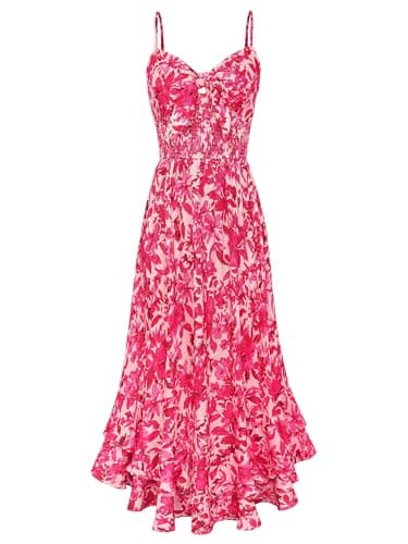 GRACE KARIN Womens Maxi Floral Sundresses Summer Beach Boho Dress Spaghetti Strap Dresses Casual Fashion Clothes with Pockets Hot Pink Floral XL - Image 1