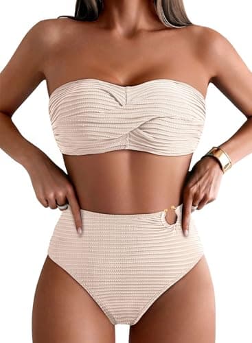 Pink Queen High Waisted Bikini Sets for Women Textured Ribbed Two Piece Swimsuit Bathing Suit Beige L - Image 1