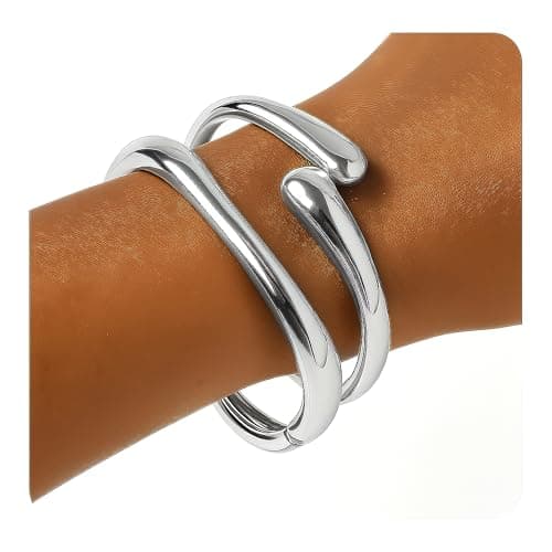 PEALICIOUS 2PCS Chunky Silver Bracelet, 7 Inch Chunky Bangles Silver Bangles for Women Minimalist Bracelets Twist Cuff Bracelet Set Easter Accessories, Adjustable Girl Chunk Jewelry for Party Prom - Image 1
