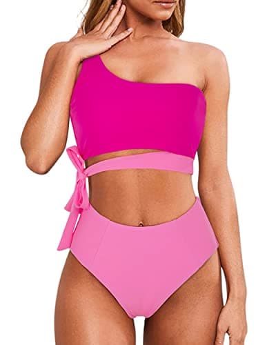 MOOSLOVER Women One Shoulder High Waisted Bikini Tie High Cut Two Piece Swimsuits(S,Pink Rose-15) - Image 1