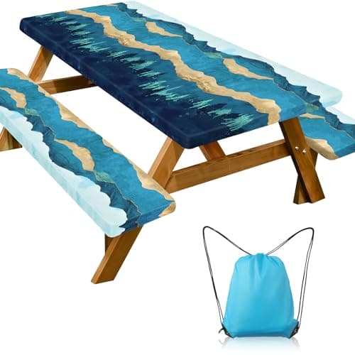 Picnic Table Cover with Bench Covers - Camping Essentials Camping Table Cover with Elastic Edges & Drawstring Bag, Fitted Rectangle Tables and Seats for 6-Foot Outdoor, 30x72 Inches, Blue Green - Image 1
