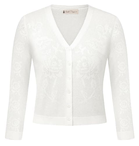 Belle Poque Womens Summer Cropped Cardigan Sweaters Lightweight Crochet Bolero Shrugs 3/4 Sleeve Button Down V Neck Cardigans White,L - Image 1